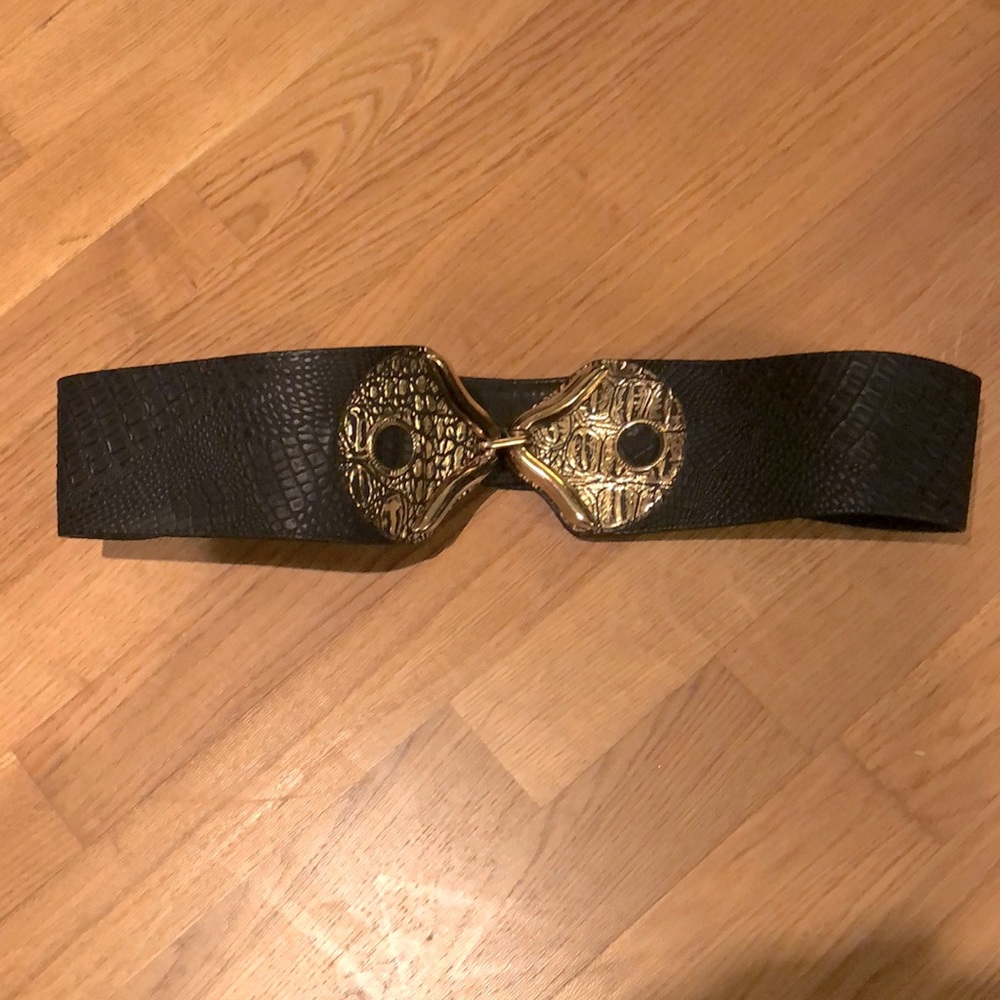 Vintage Leather-look black belt with gold & brass embellishments